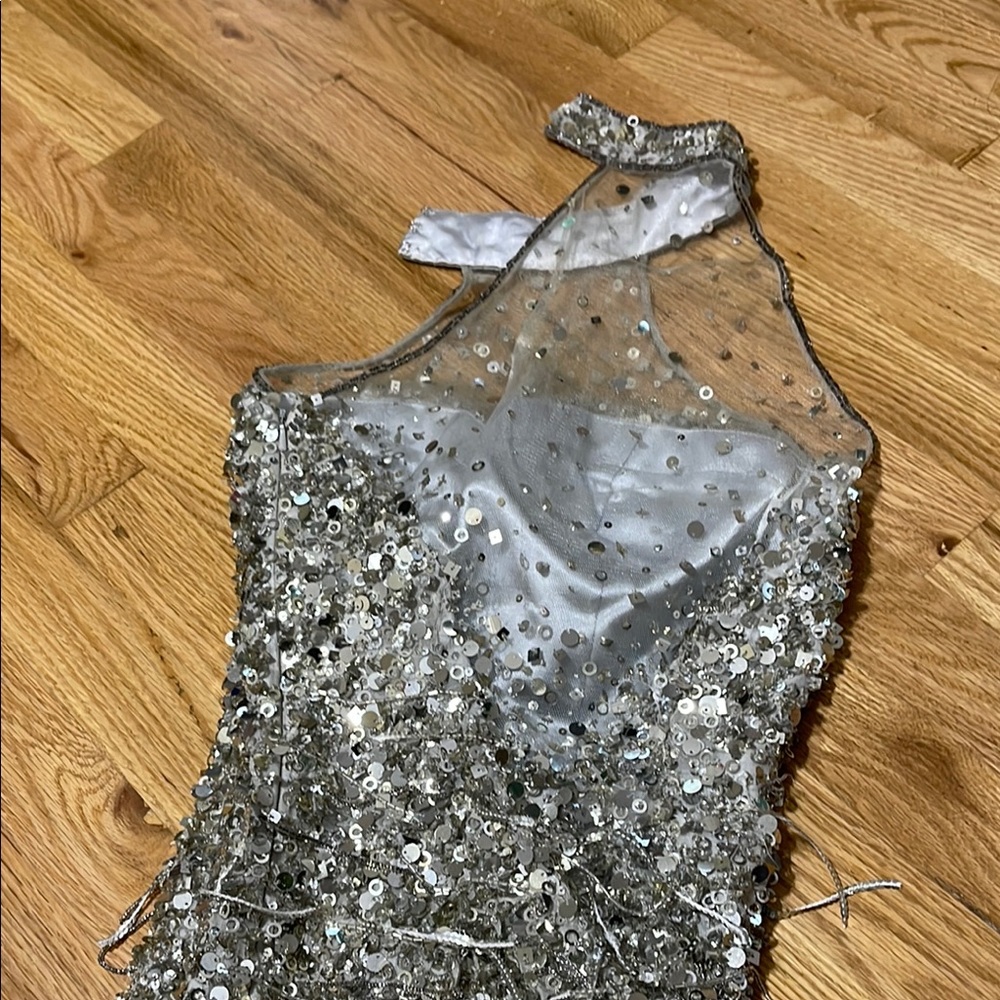 Silver Ruffled One Shoulder Backless Gown - Picture 4 of 6
